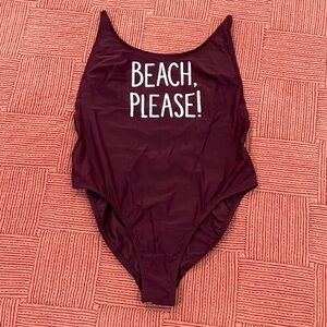 Women’s large Burgundy One Piece Swimsuit “beach please” like new